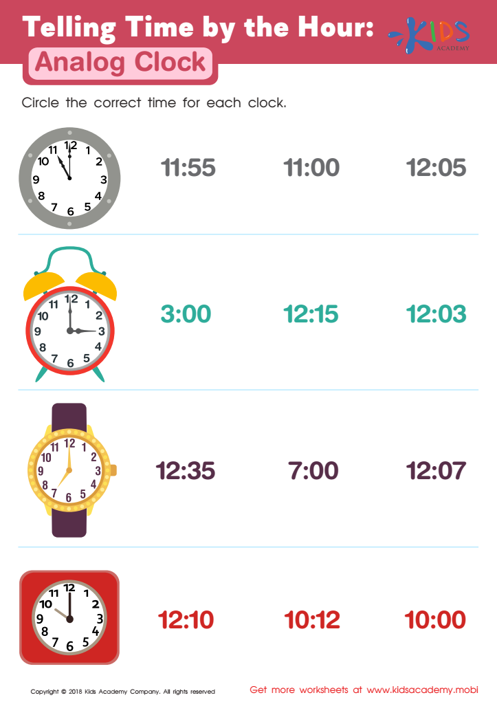 Telling Time by the Hour: Analog Clock Worksheet