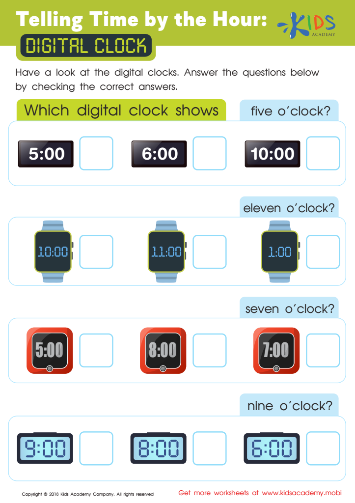 digital clock worksheet telling time by the hour free printable for kids