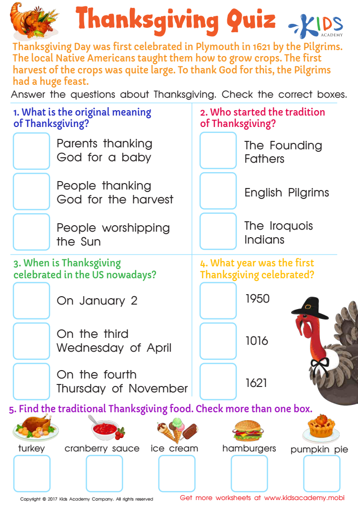 Thanksgiving Quiz Worksheet