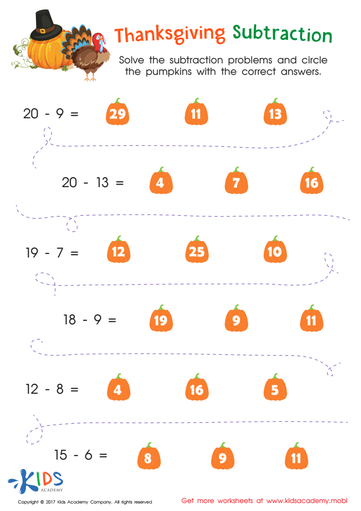 Thanksgiving Subtraction Substraction Worksheet