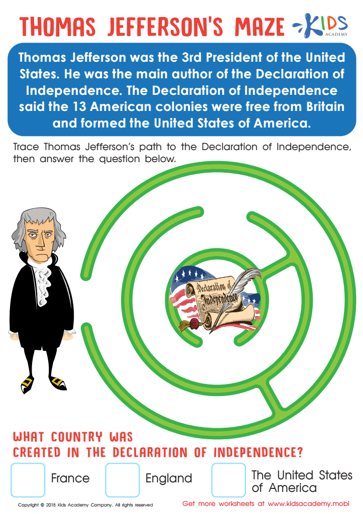Thomas Jefferson's Maze Worksheet: Printable PDF for Kids