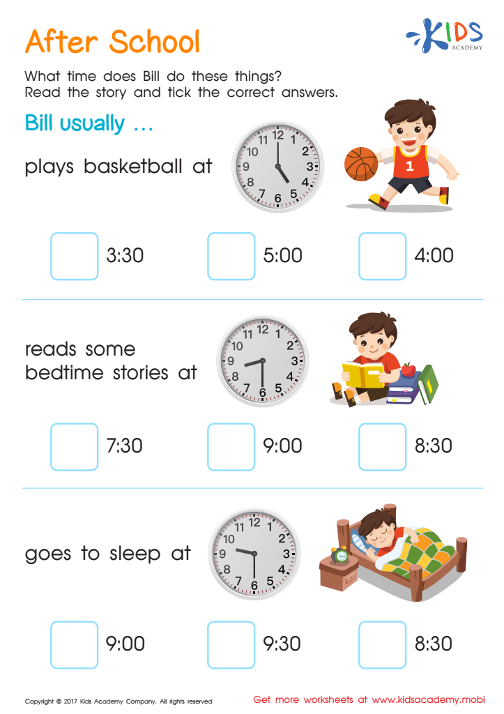 Telling time printable worksheet: After School