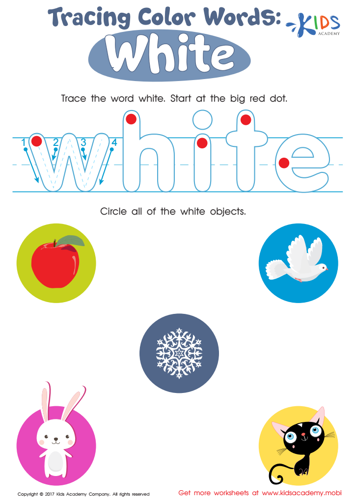 White Tracing Color Words Worksheet