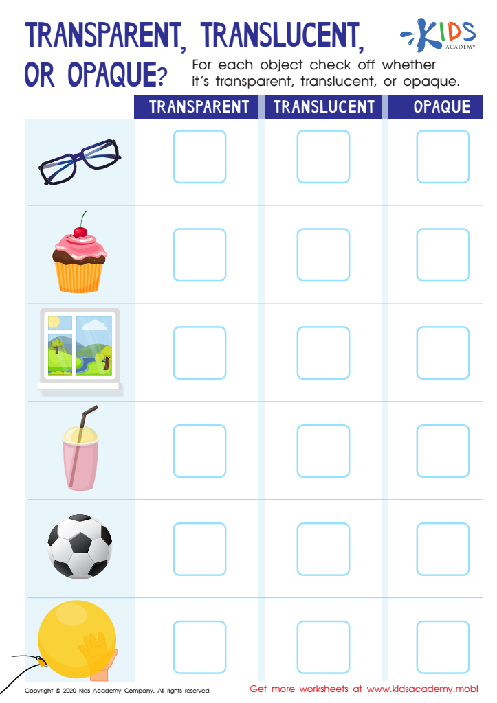 Transparent, Translucent, or Opaque Worksheet for kids