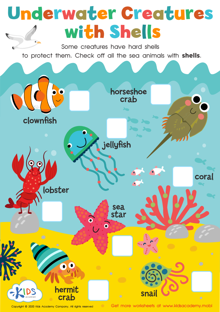 Underwater Creatures with Shells Worksheet for kids