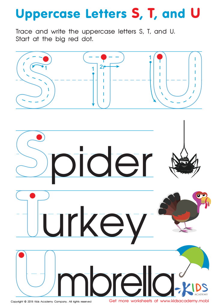 Uppercase Letters S, T, and U Worksheet