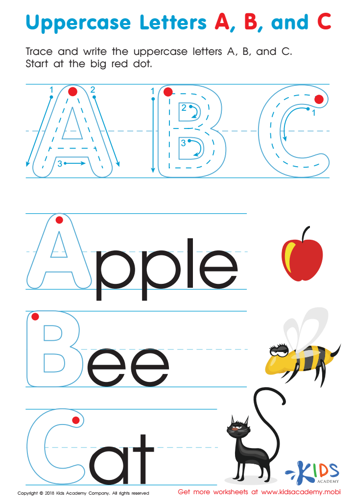 Uppercase Letters A, B, and C Worksheet Preview