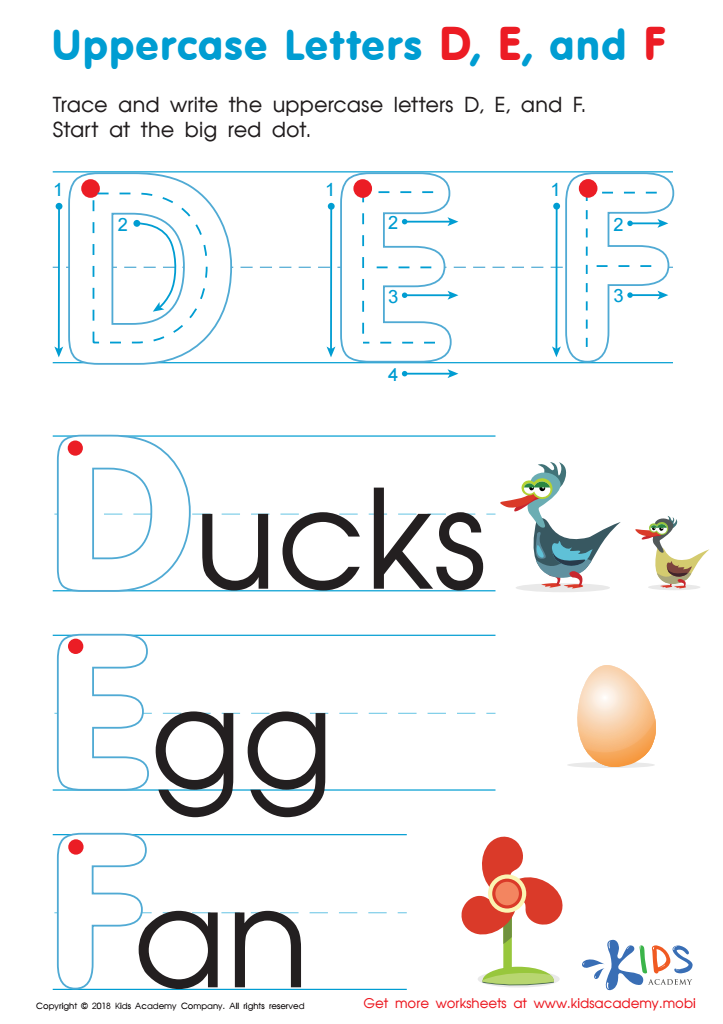 Uppercase Letters D, E, and F Worksheet Preview