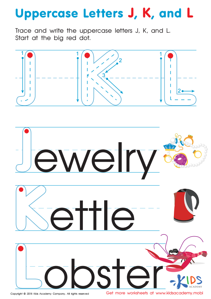 Uppercase Letters J, K, and L Worksheet Preview