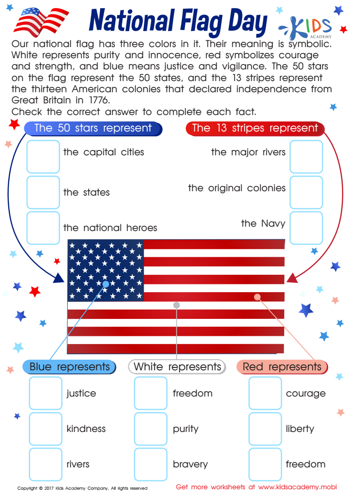 US National Flag Day Worksheet Free Printable for Kids Answers and