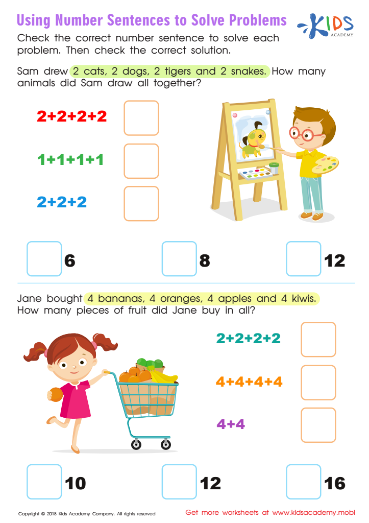 Using Number Sentences to Solve Problems Worksheet