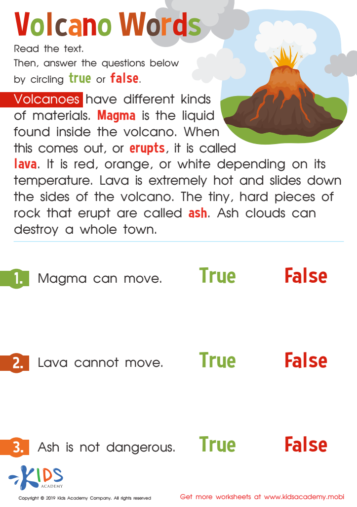 Volcano Words Worksheet