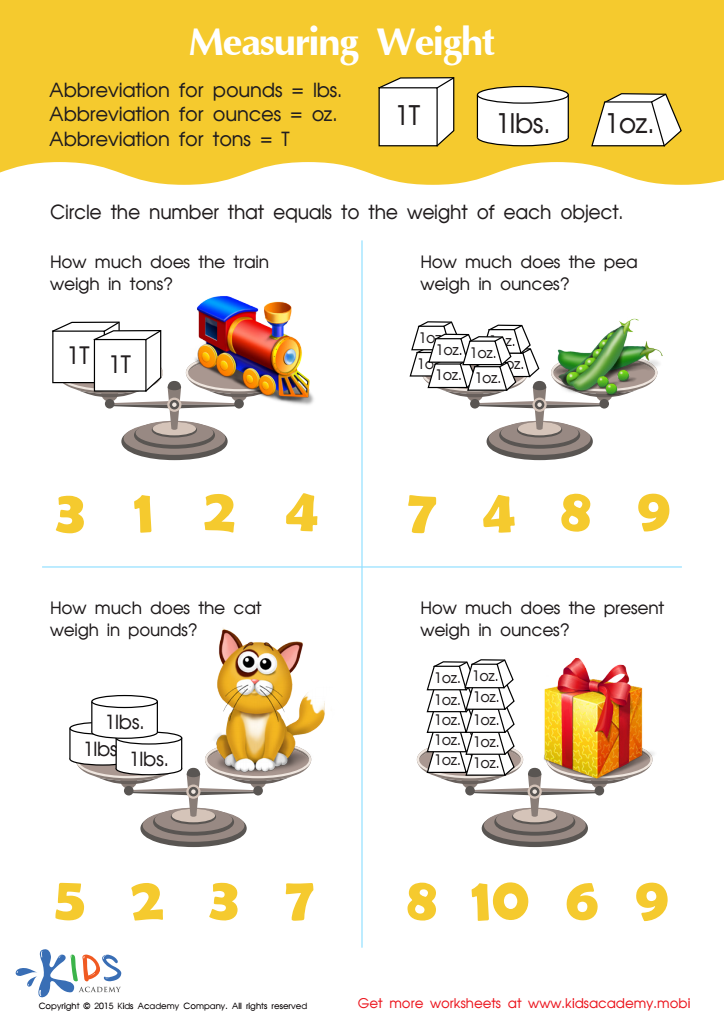 Math PDF Worksheets: Measuring Weight in Ounces, Pound and Tons