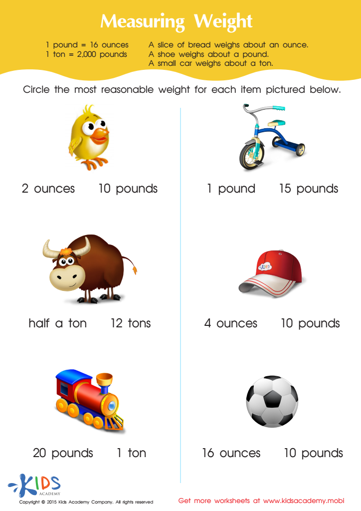 Measuring Weight in Ounces, Pounds and Tons (Part 2) Worksheet