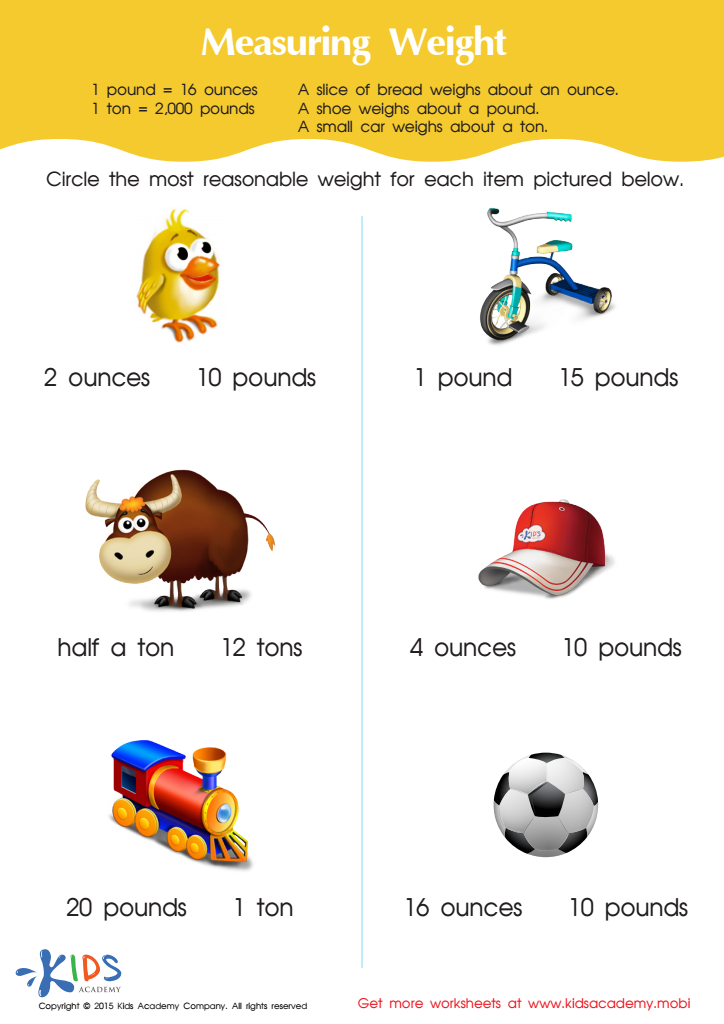 Measuring Weight in Ounces Pounds and Tons Part 2 Worksheet Free Printable PDF for Kids