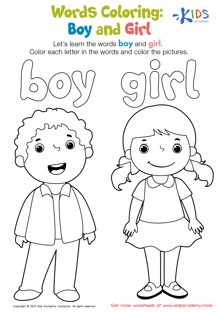 Boy and Girl Words Coloring Worksheet: Free Coloring Page Printout for Kids