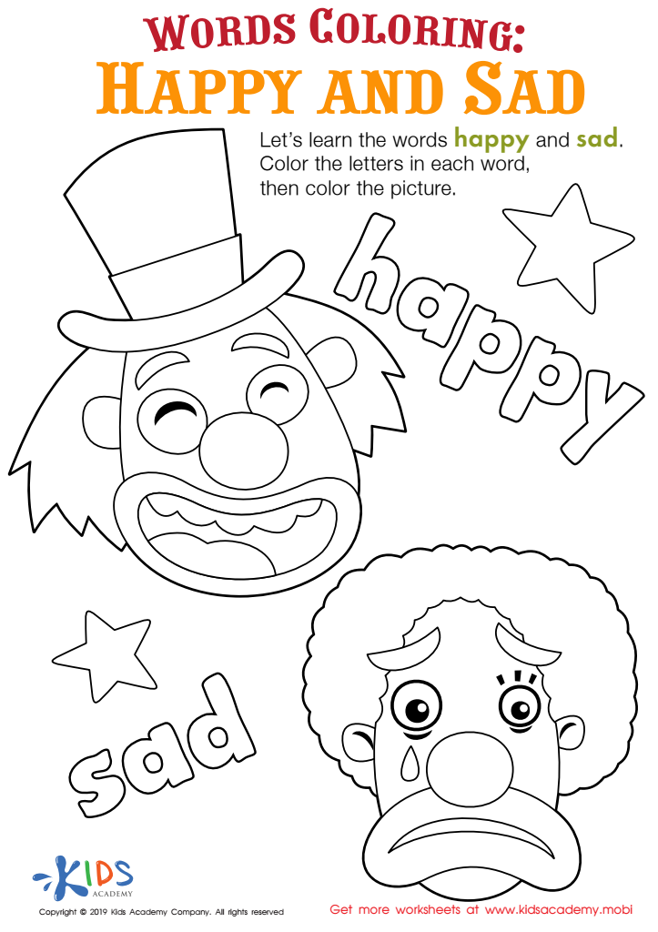 Happy and Sad Words Coloring Worksheet