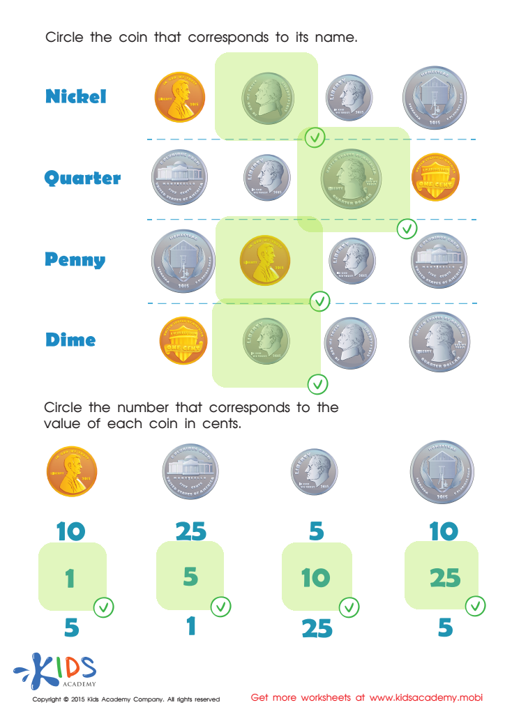 Coin Names and Values Money Worksheet Answer Key