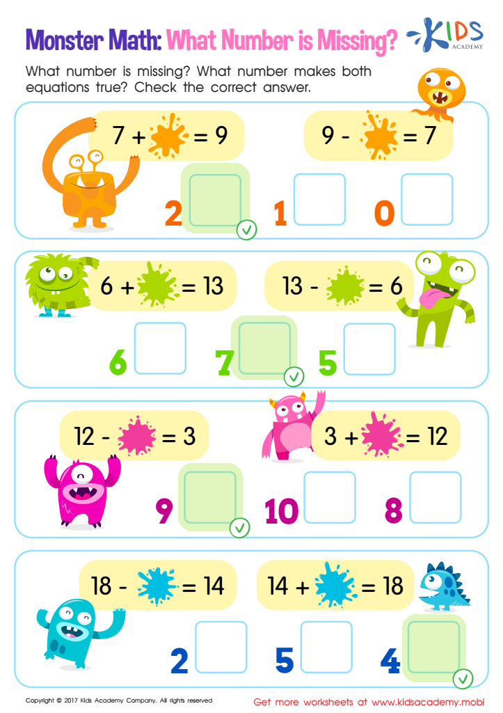 Missing Number: Monster Math Worksheet Answer Key