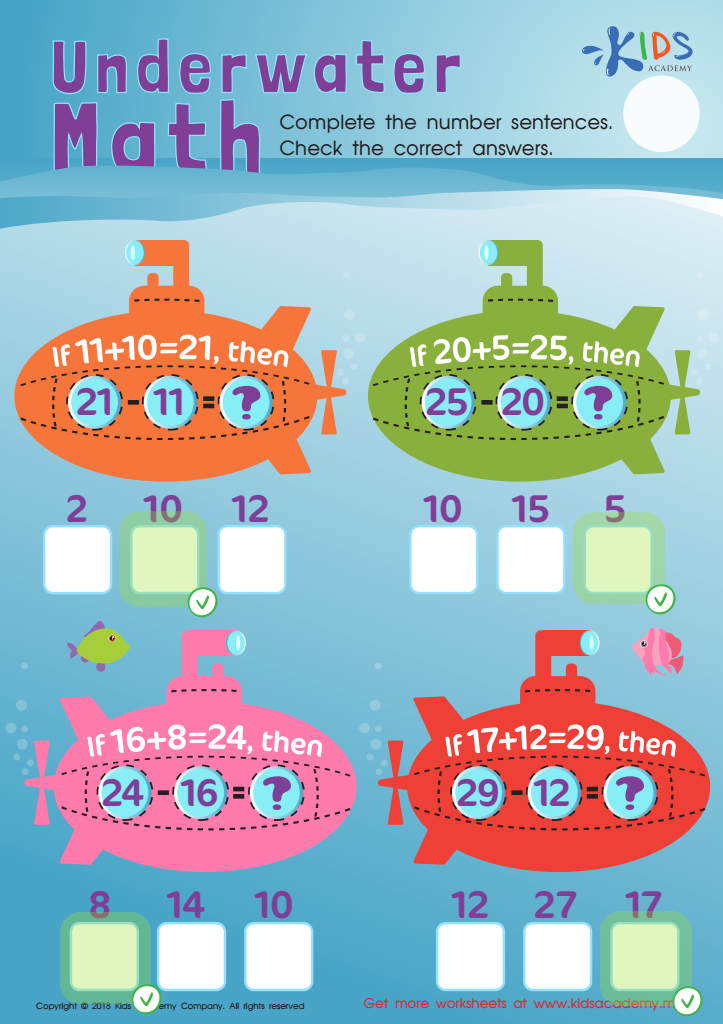 Addition and Subtraction: Underwater Math Worksheet Answer Key