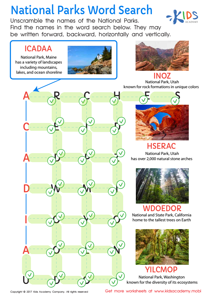 National Parks Word Search Worksheet Answer Key