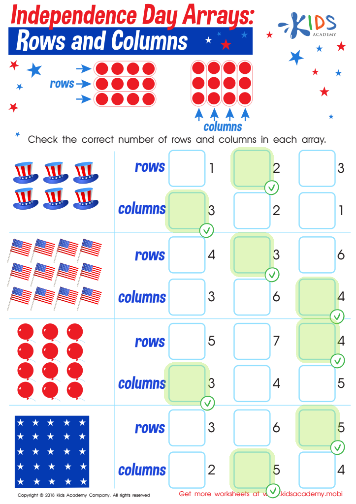 Independence Day Arrays: Rows and Columns Worksheet Answer Key