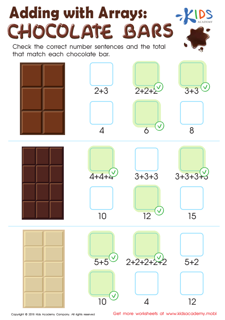 Adding with Arrays: Chocolate Bars Worksheet Answer Key