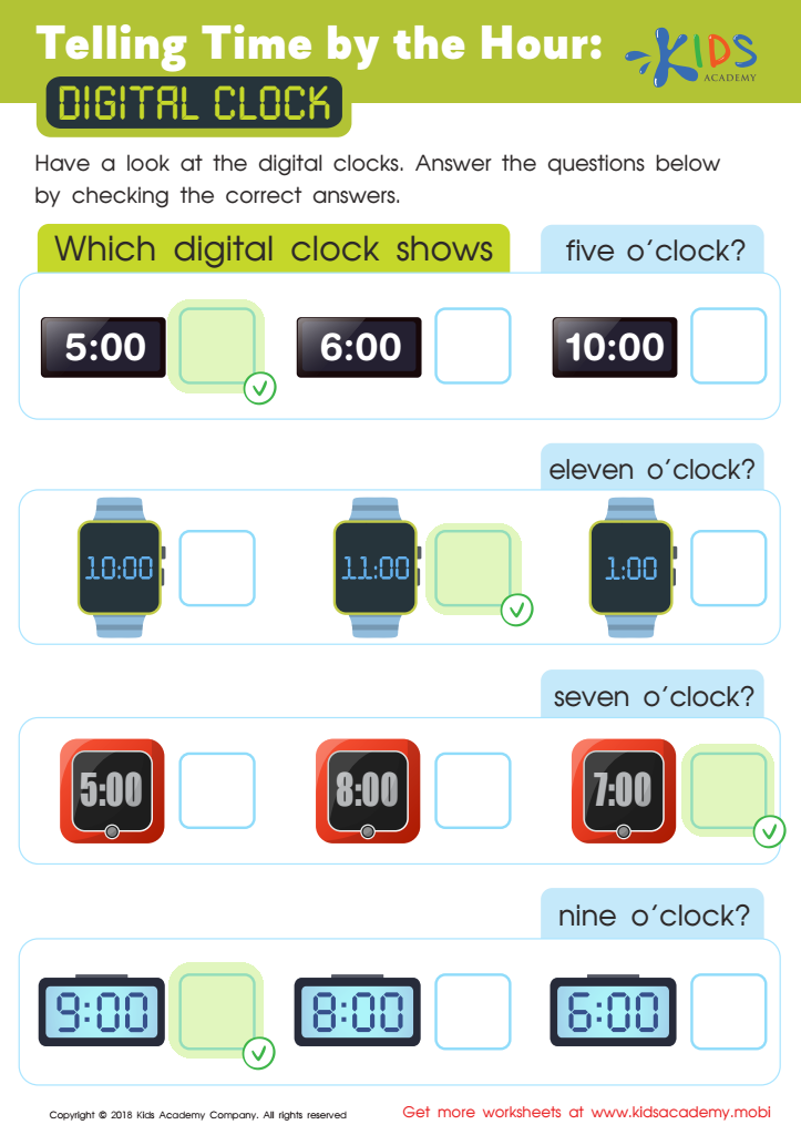 Telling Time by the Hour: Digital Clock Worksheet Answer Key