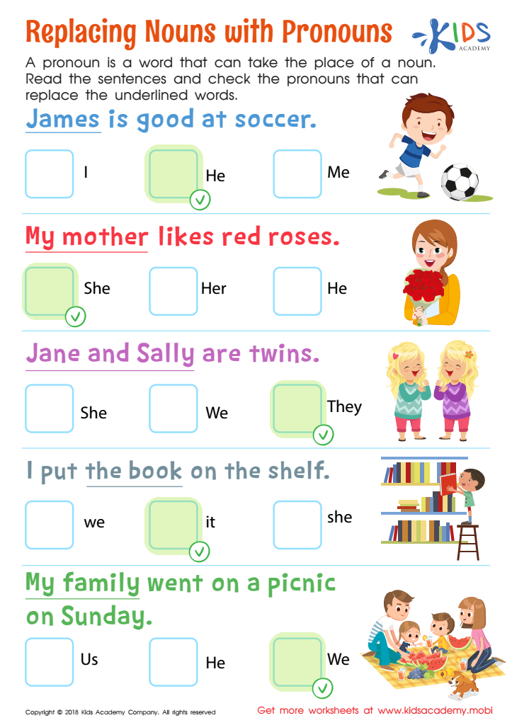 Replacing Nouns with Pronouns Worksheet Free Printable PDF for Kids