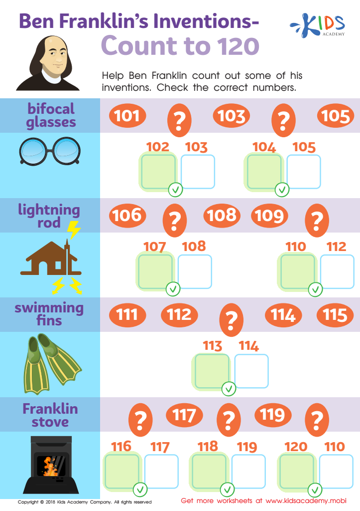 Ben Franklin’s Inventions – Count to 120 Worksheet Answer Key