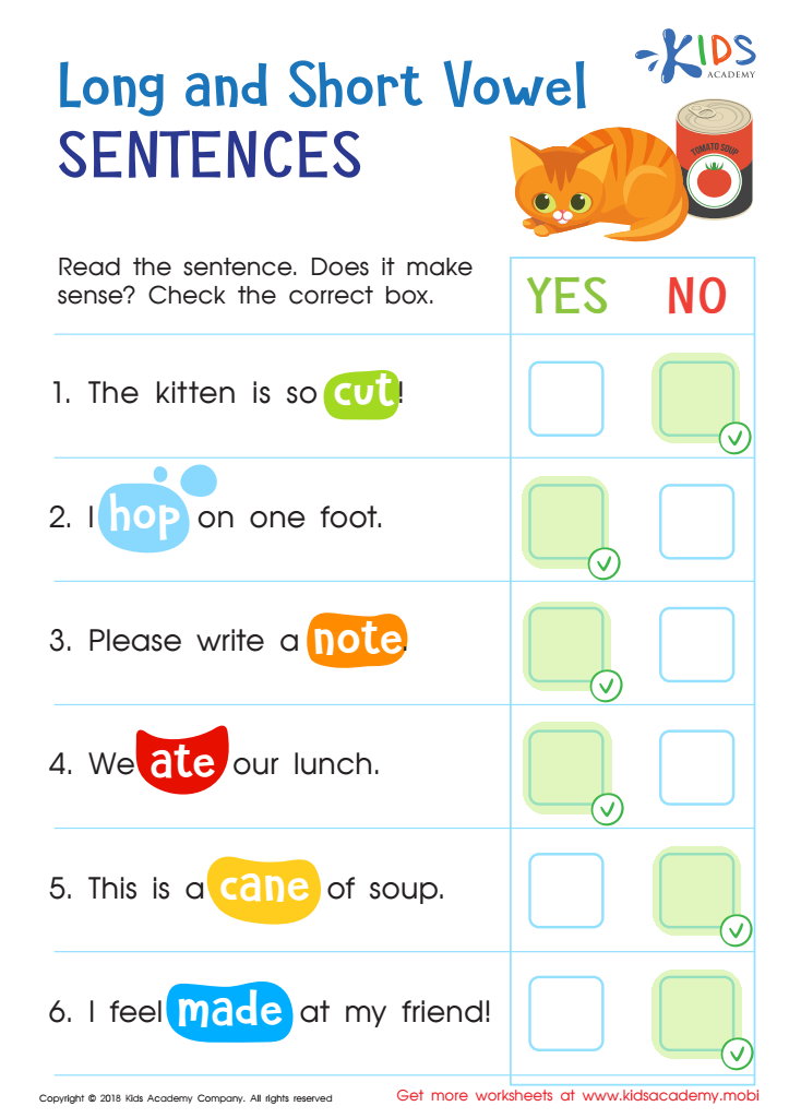 Long and Short Vowel Sentences: Assessment Worksheet Answer Key