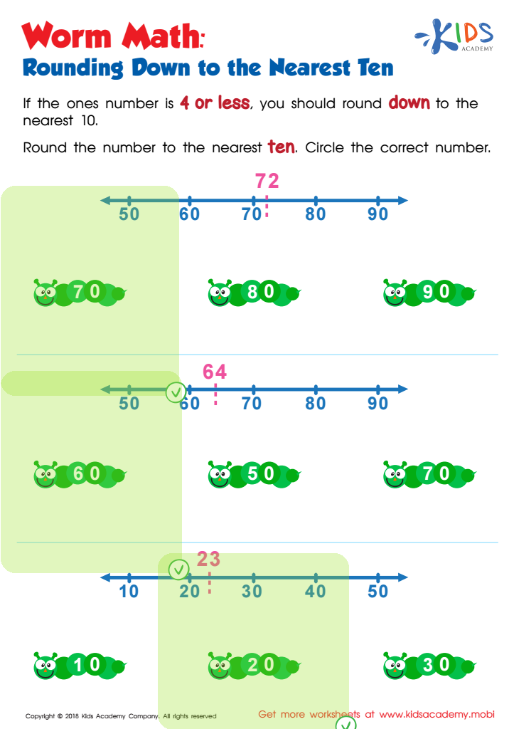 Worm Math Rounding Down to the Nearest Ten Worksheet Answer Key