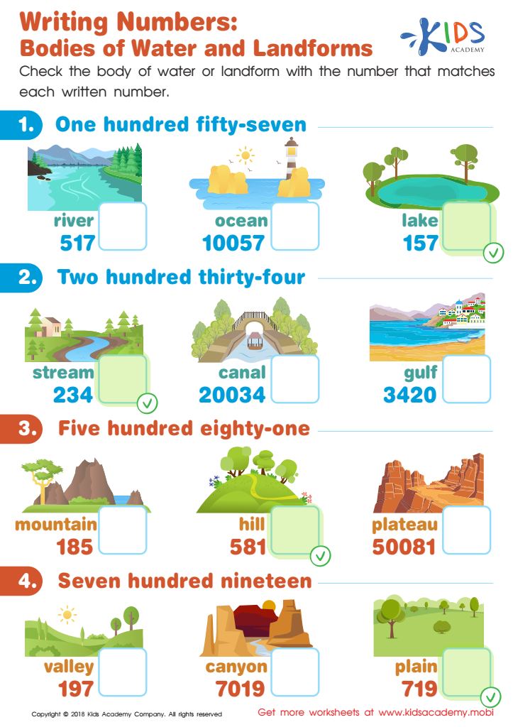 Bodies of Water and Landforms Writing Numbers Worksheet Answer Key