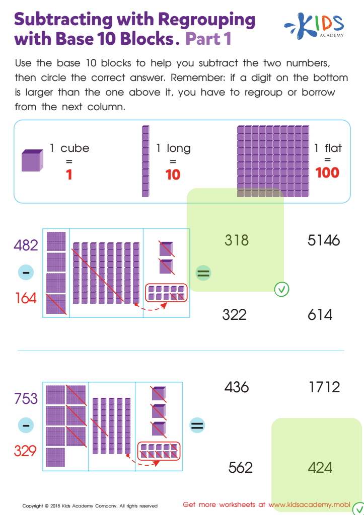 Subtracting with Regrouping with Base 10 Blocks. Part1 Worksheet Answer Key