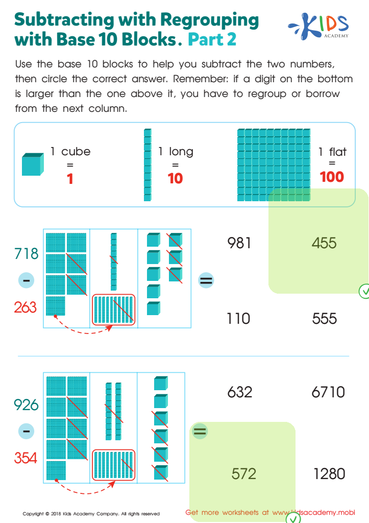 Subtracting with Regrouping with Base 10 Blocks. Part 2 Worksheet Answer Key