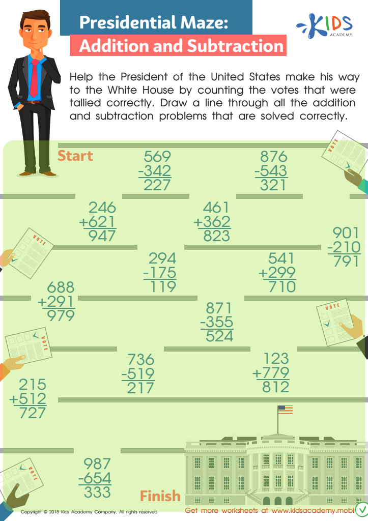 Presidential Maze: Addition and Subtraction Worksheet Answer Key
