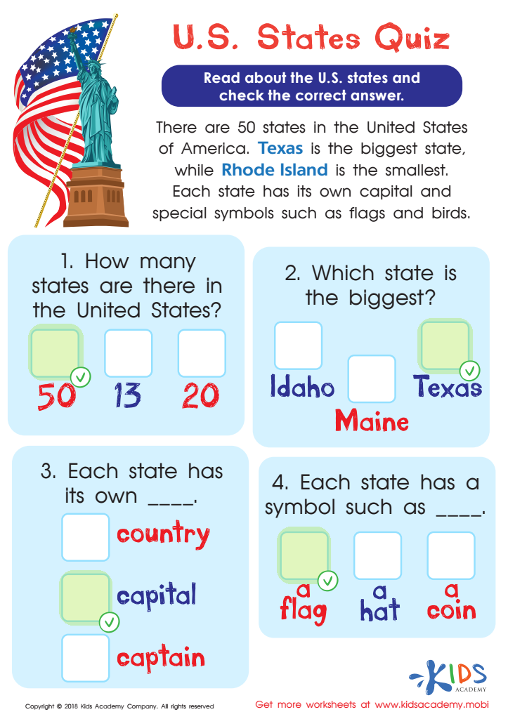 U.S. States Quiz Worksheet Answer Key