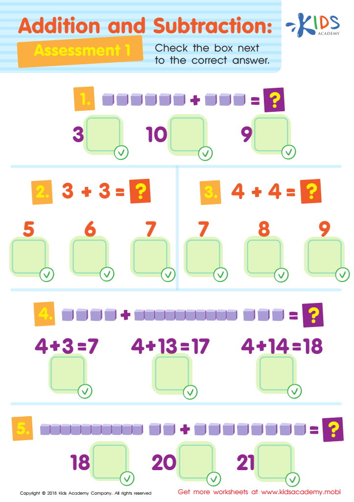 Addition and Subtraction Assessment 1 Worksheet Answer Key