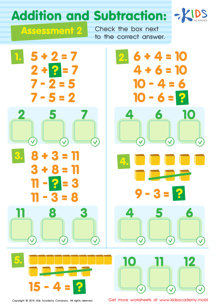 Addition and Subtraction Assessment 2 Worksheet Answer Key