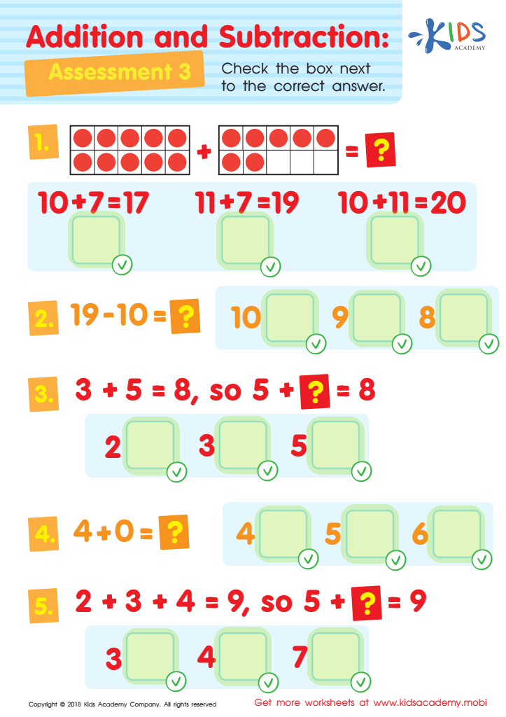 Addition and Subtraction Assessment 3 Worksheet Answer Key