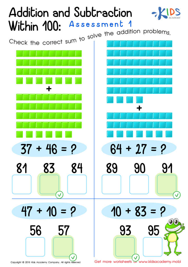 Addition and Subtraction Within 1: Assessment 1 Worksheet Answer Key