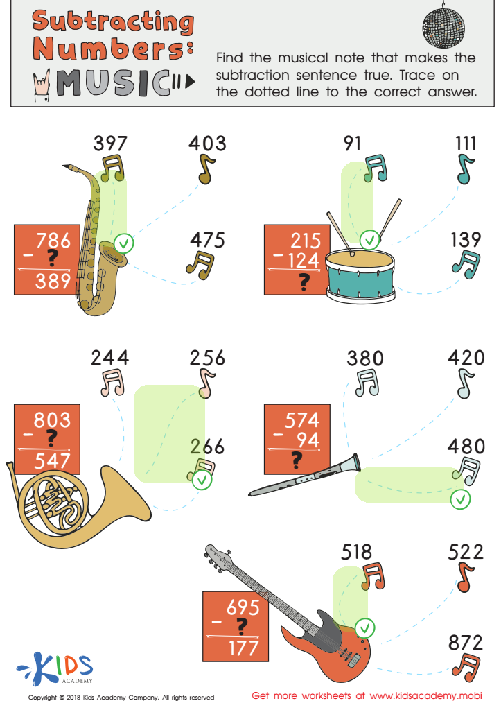 Subtracting Numbers: Music Worksheet Answer Key