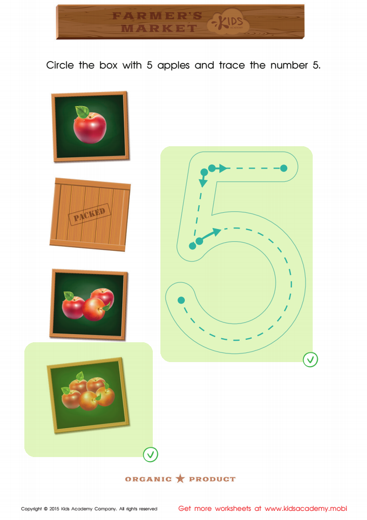 Count the Apples and Trace the Number 5 Printable Answer Key