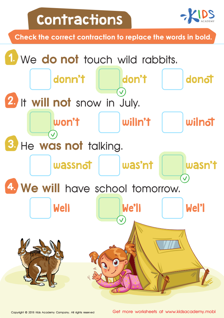 Contractions Education Worksheet Answer Key