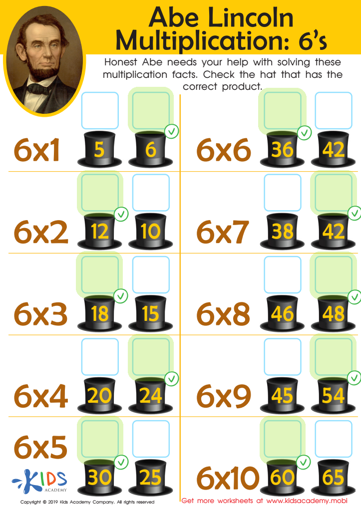Abe Lincoln Multiplication: 6’s Worksheet Answer Key