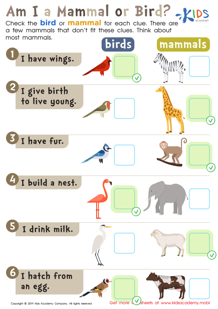 Am I a Mammal or Bird? Worksheet Answer Key