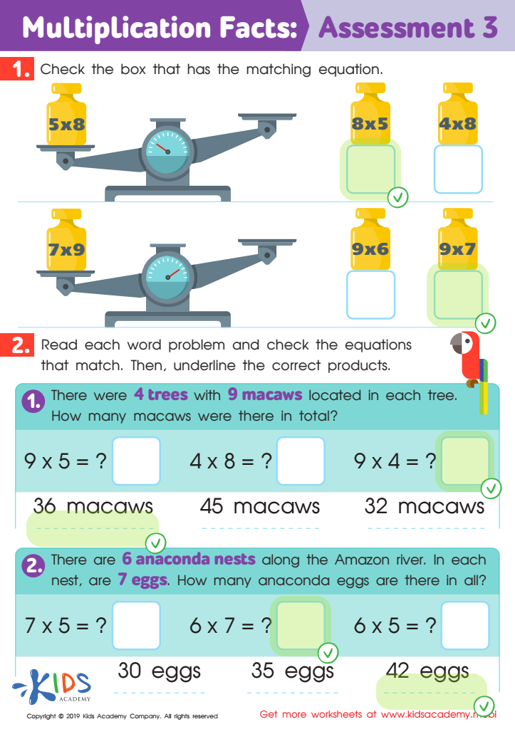 Multiplication Facts: Assessment 3 Worksheet Answer Key