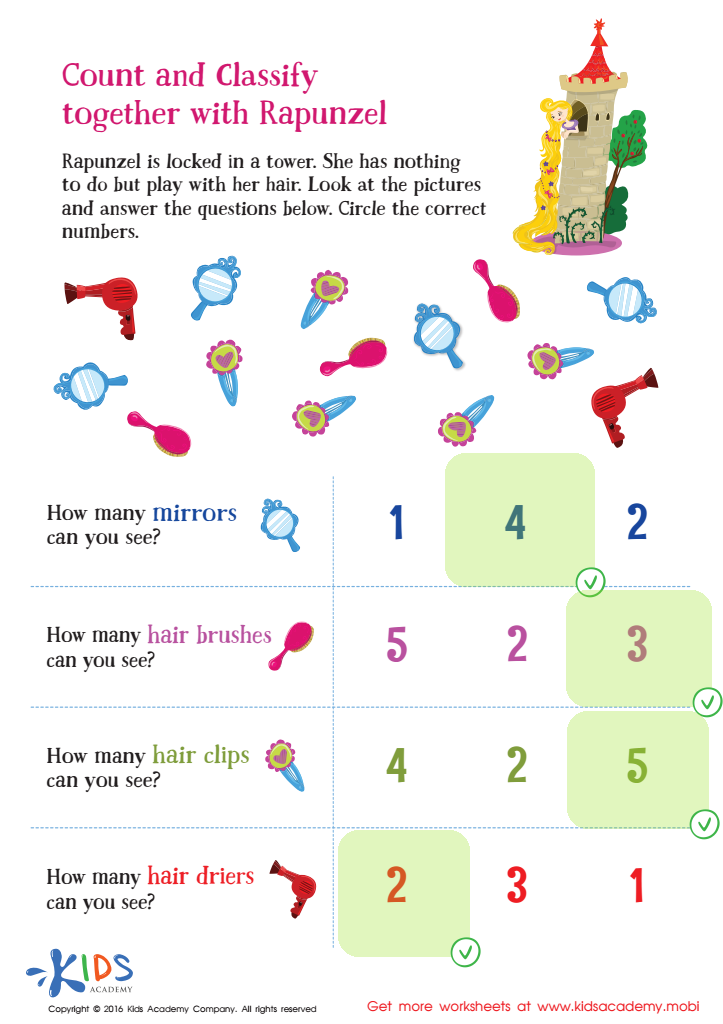 Fairy Tale Worksheet: Count and Classify with Rapunzel Answer Key