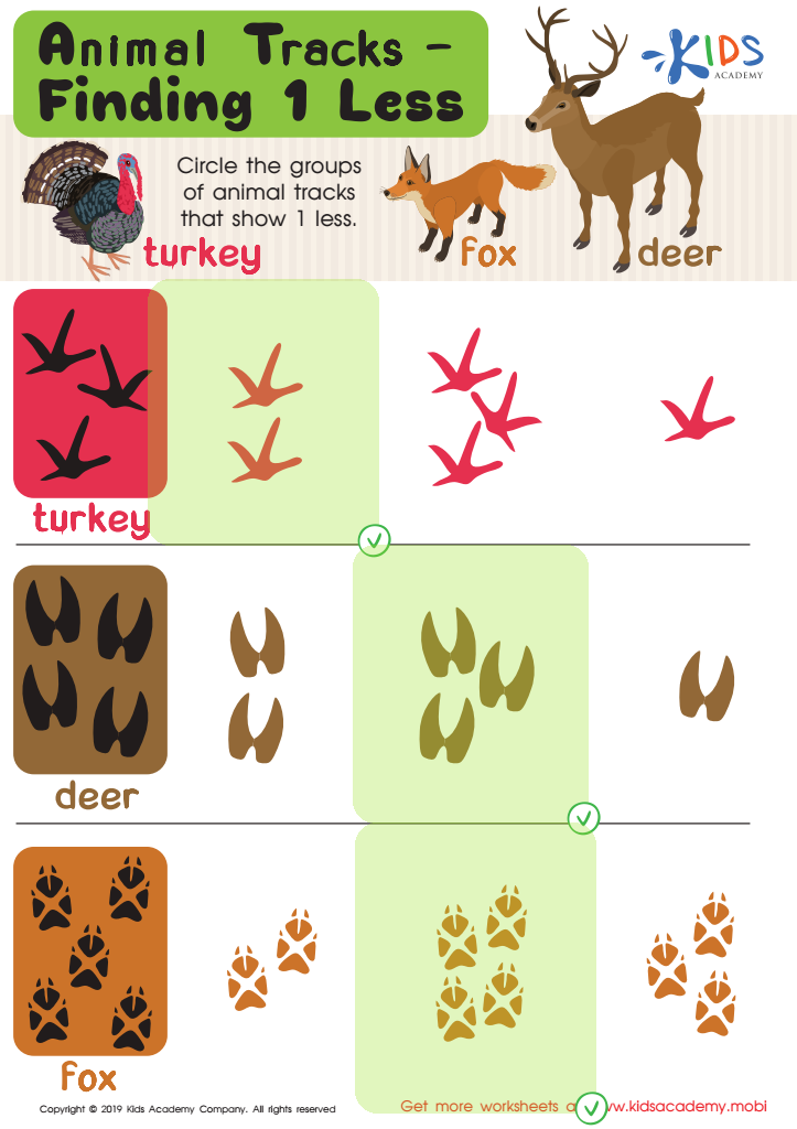 Animal Tracks: Find 1 Less Worksheet Answer Key