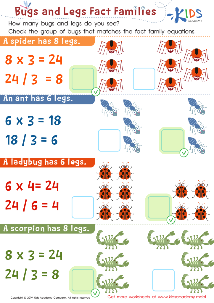 Bugs and Legs Fact Families Worksheet Answer Key